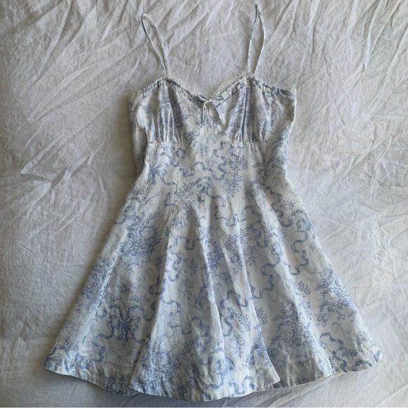 Love Shack Fancy Shai Linen Lace Ribbon Bow Mini Dress Blissful Blue White - Picture 3 of 15